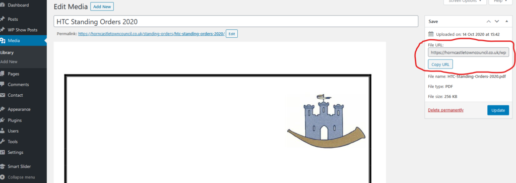 image showing edit media screen, with the File URL highlited